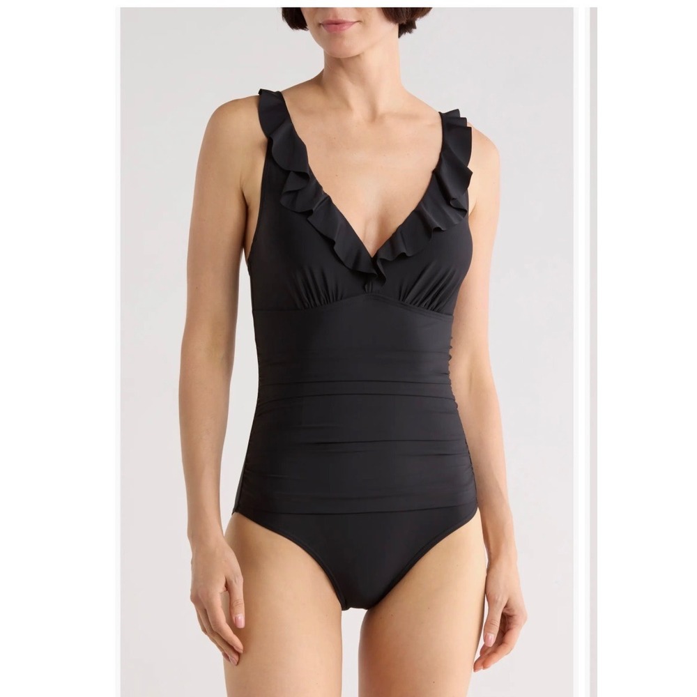 DKNY Womens Black Ruffle V-Neck Ruched One Piece Swimsuit Size Small S/P